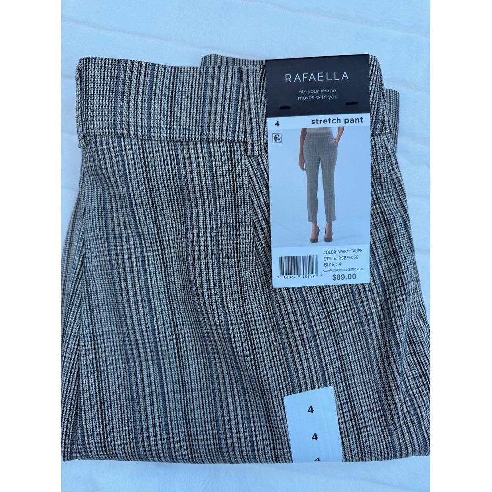 Rafaella Pants Womens 4 Taupe Plaid Pull On Stretch Ankle Career Trousers Pocket